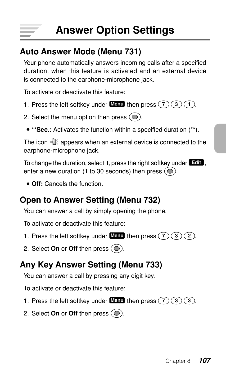 Answer option settings, Auto answer mode (menu 731), Open to answer setting (menu 732) | Any key answer setting (menu 733) | Audiovox CDM-9900 User Manual | Page 109 / 162