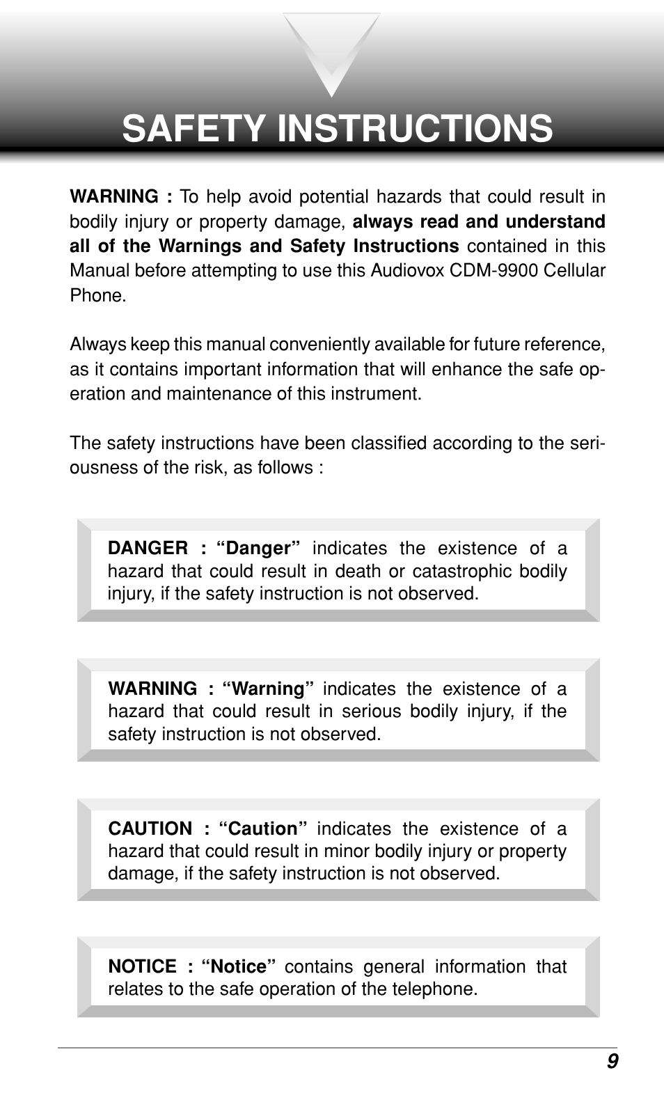 Safety instructions | Audiovox CDM-9900 User Manual | Page 11 / 162