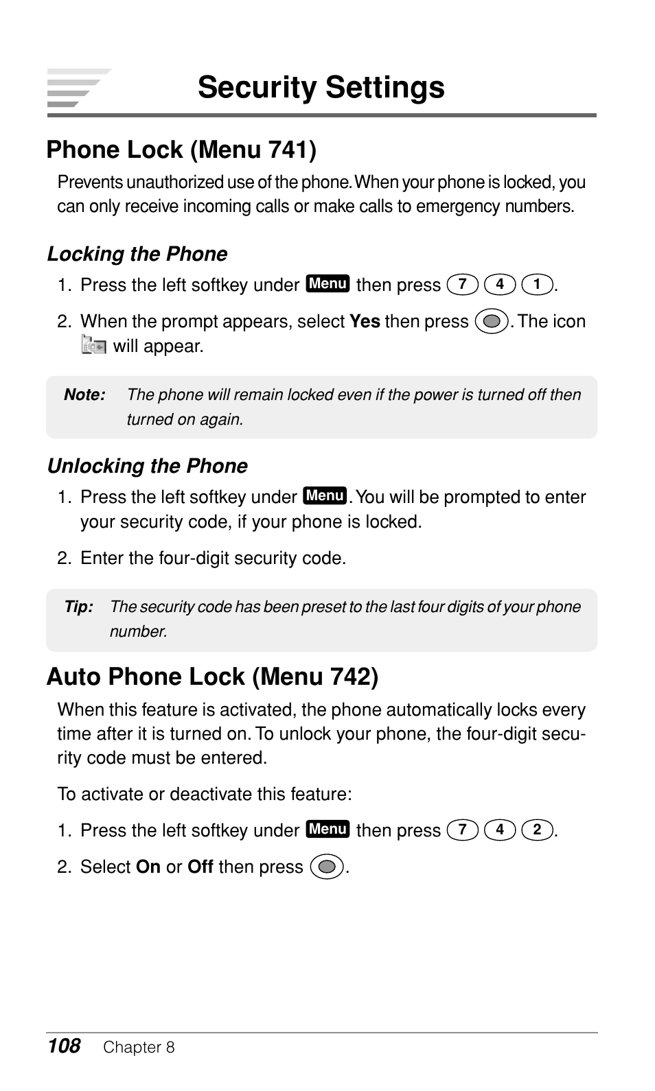 Security settings, Phone lock (menu 741), Auto phone lock (menu 742) | Locking the phone, Unlocking the phone | Audiovox CDM-9900 User Manual | Page 110 / 162