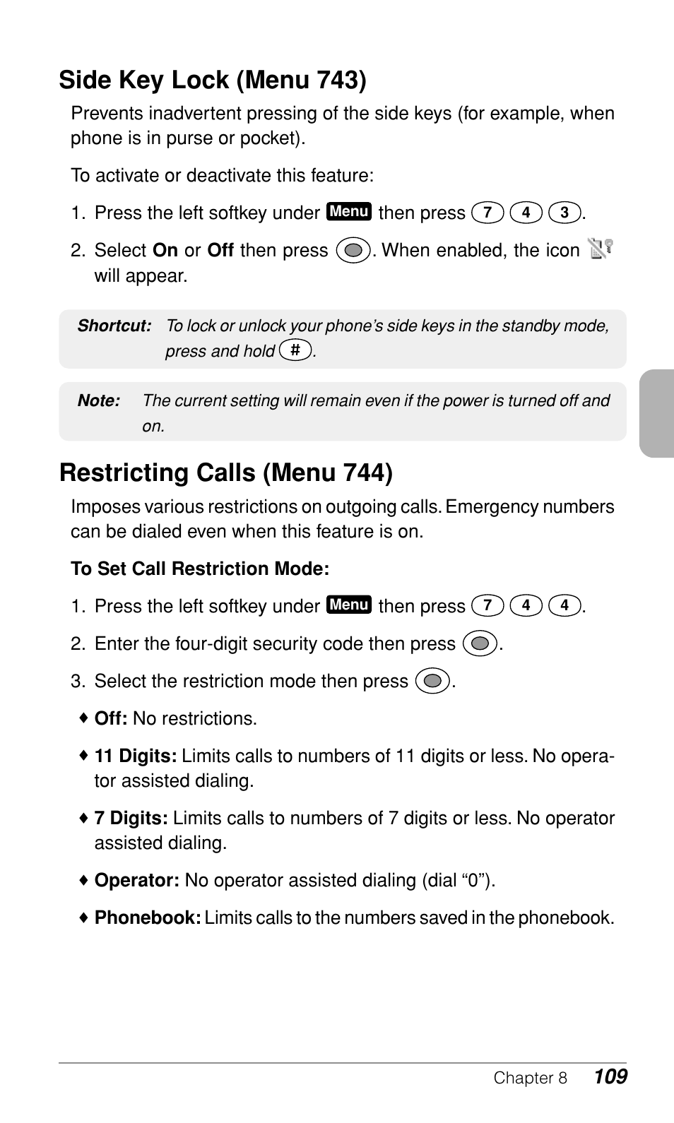 Side key lock (menu 743), Restricting calls (menu 744) | Audiovox CDM-9900 User Manual | Page 111 / 162