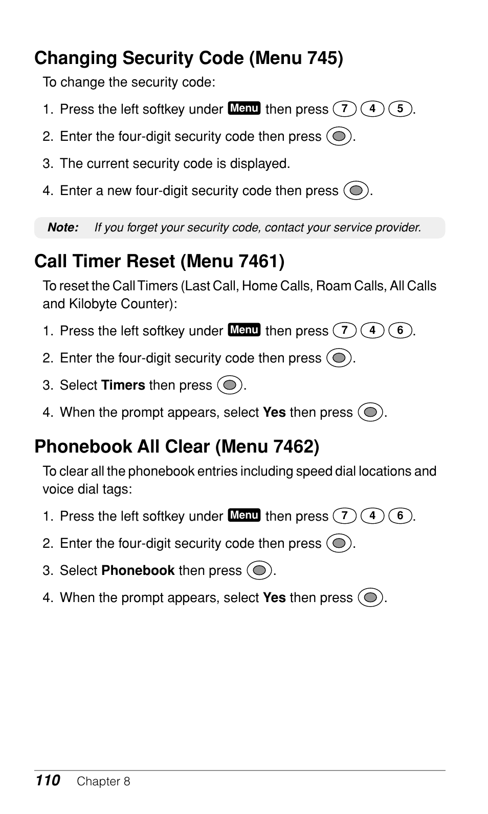 Changing security code (menu 745), Call timer reset (menu 7461), Phonebook all clear (menu 7462) | Audiovox CDM-9900 User Manual | Page 112 / 162