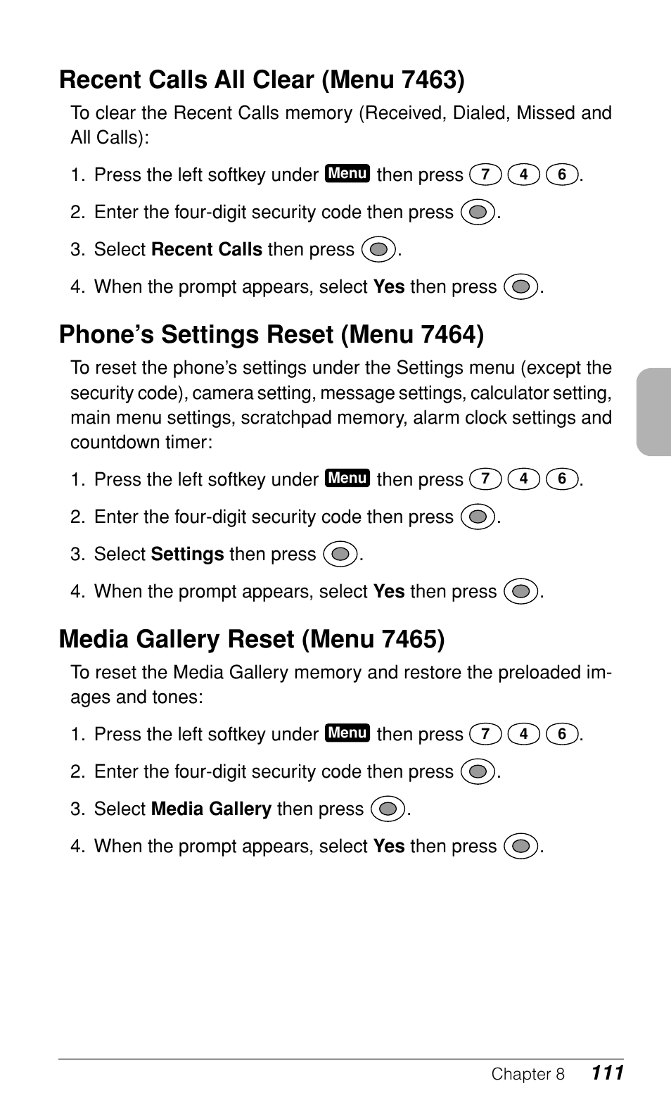 Recent calls all clear (menu 7463), Phone’s settings reset (menu 7464), Media gallery reset (menu 7465) | Audiovox CDM-9900 User Manual | Page 113 / 162