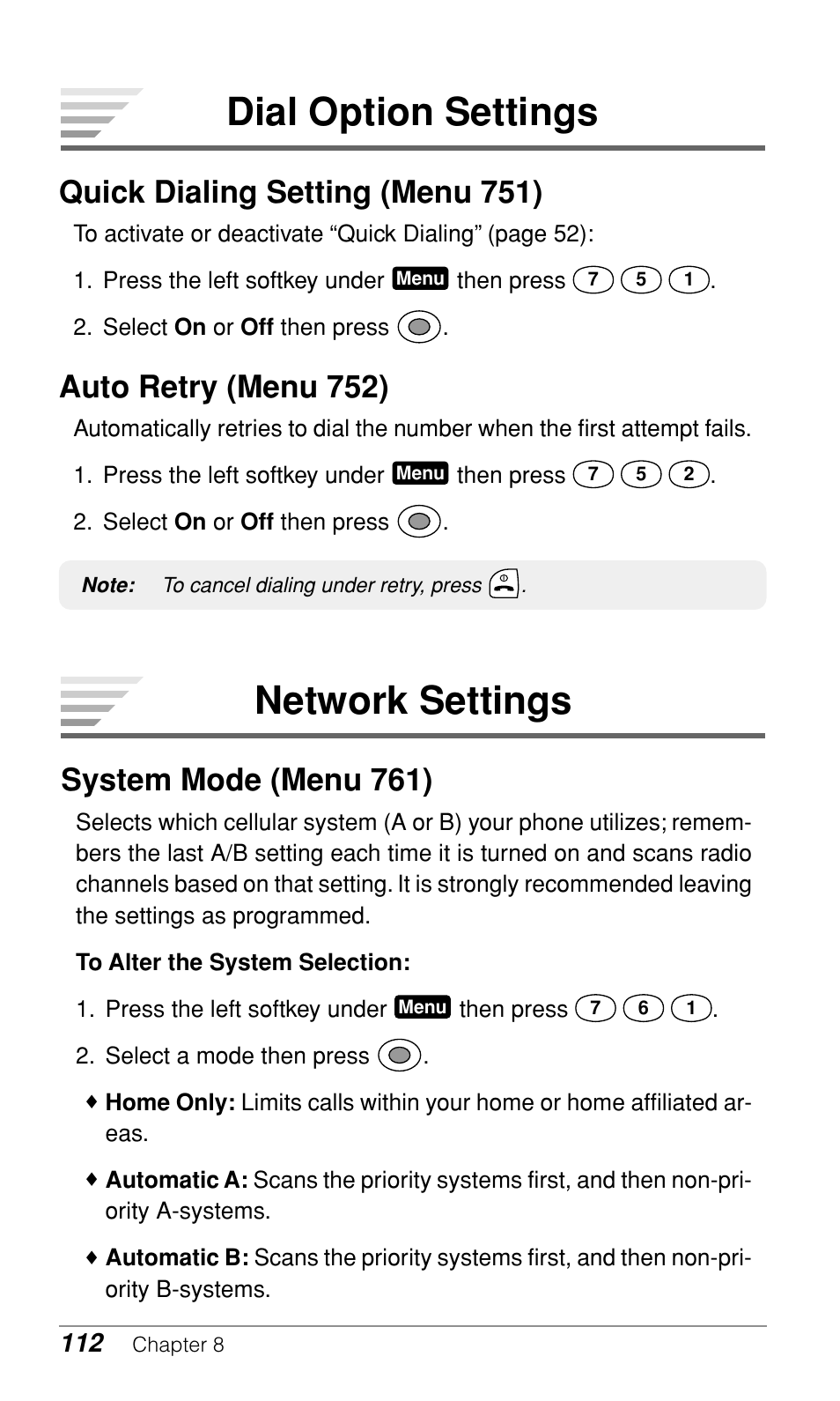 Network settings, Dial option settings, System mode (menu 761) | Quick dialing setting (menu 751), Auto retry (menu 752) | Audiovox CDM-9900 User Manual | Page 114 / 162