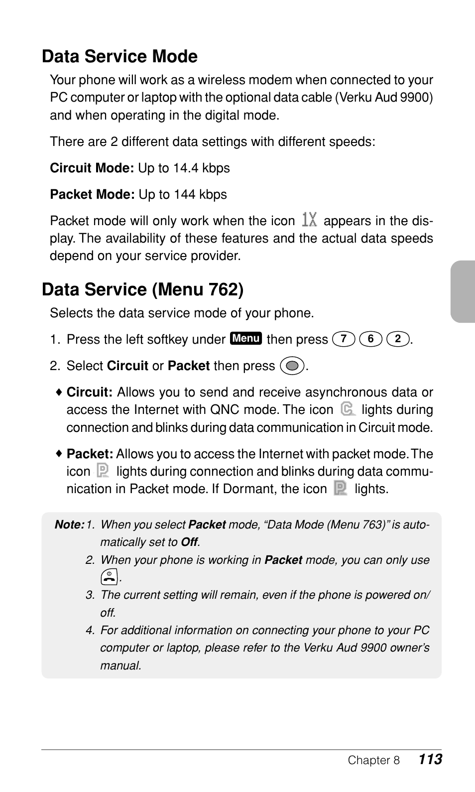 Data service mode, Data service (menu 762) | Audiovox CDM-9900 User Manual | Page 115 / 162