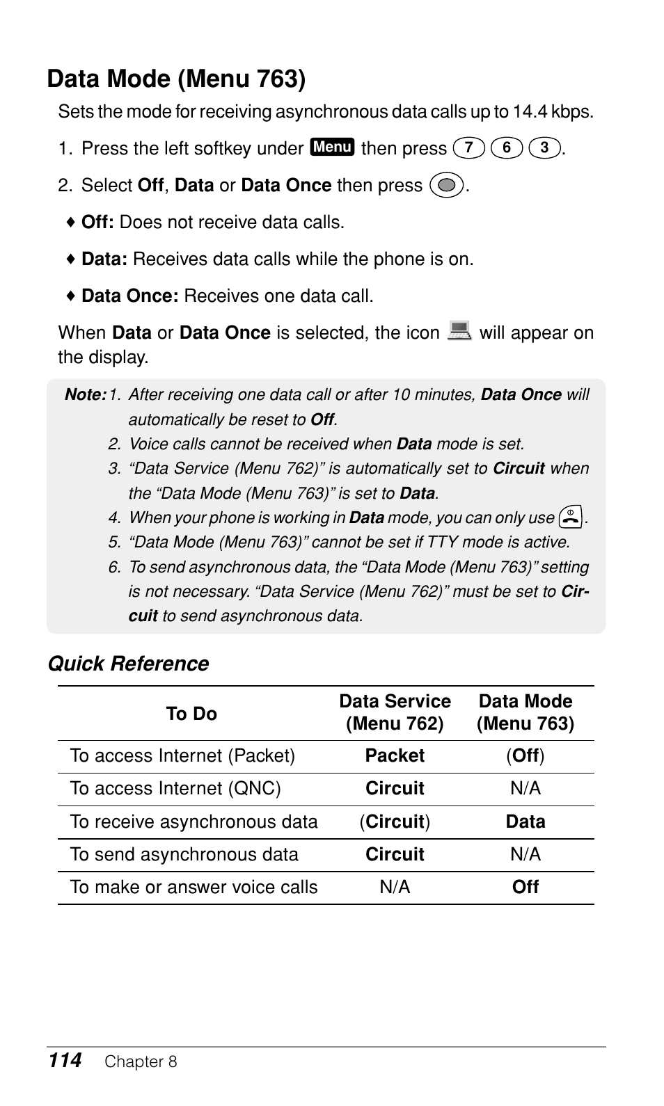 Data mode (menu 763), Quick reference | Audiovox CDM-9900 User Manual | Page 116 / 162