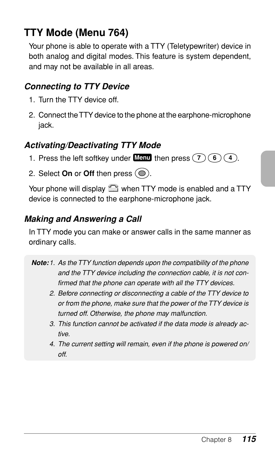 Tty mode (menu 764), Connecting to tty device, Activating/deactivating tty mode | Making and answering a call | Audiovox CDM-9900 User Manual | Page 117 / 162