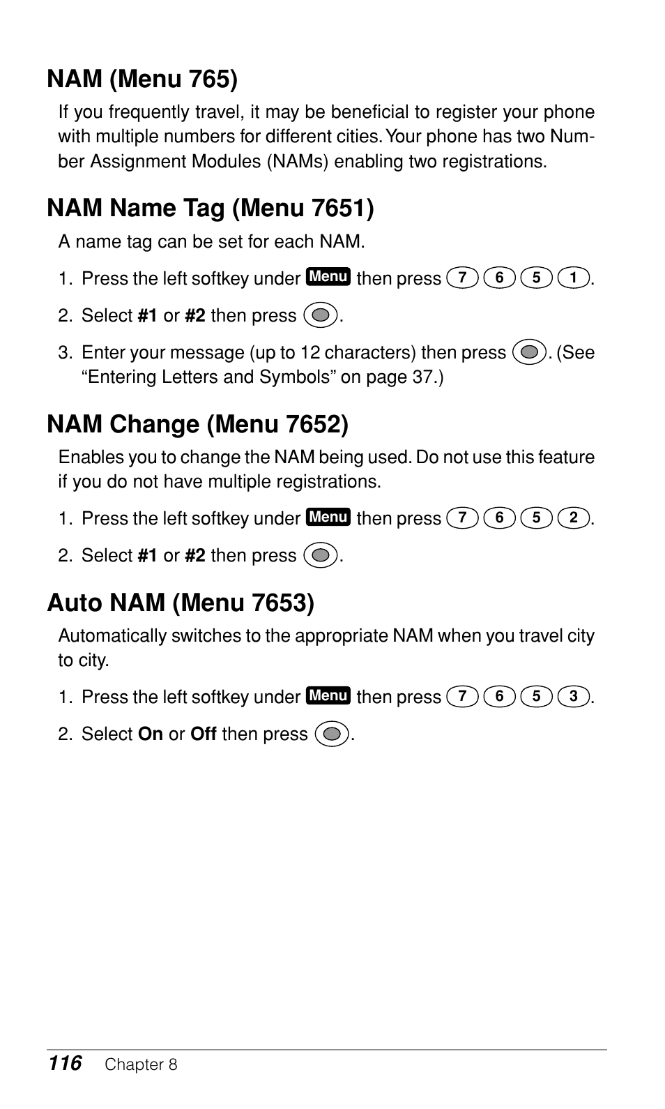 Nam (menu 765), Nam name tag (menu 7651), Nam change (menu 7652) | Auto nam (menu 7653) | Audiovox CDM-9900 User Manual | Page 118 / 162