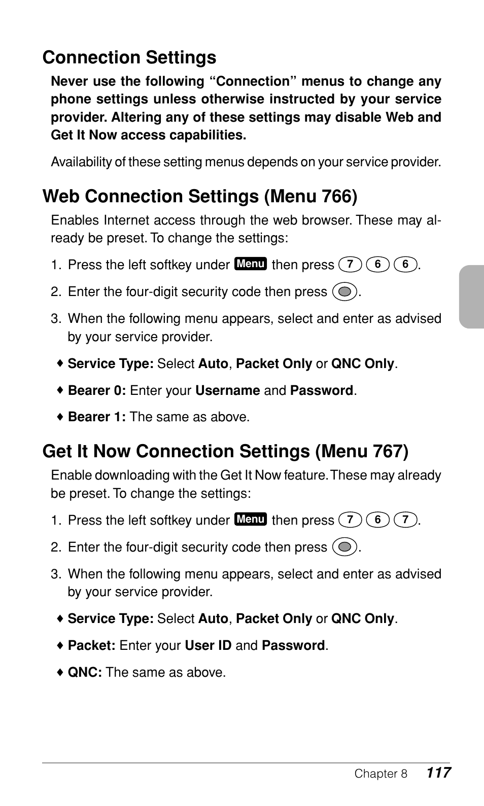 Connection settings, Web connection settings (menu 766), Get it now connection settings (menu 767) | Audiovox CDM-9900 User Manual | Page 119 / 162