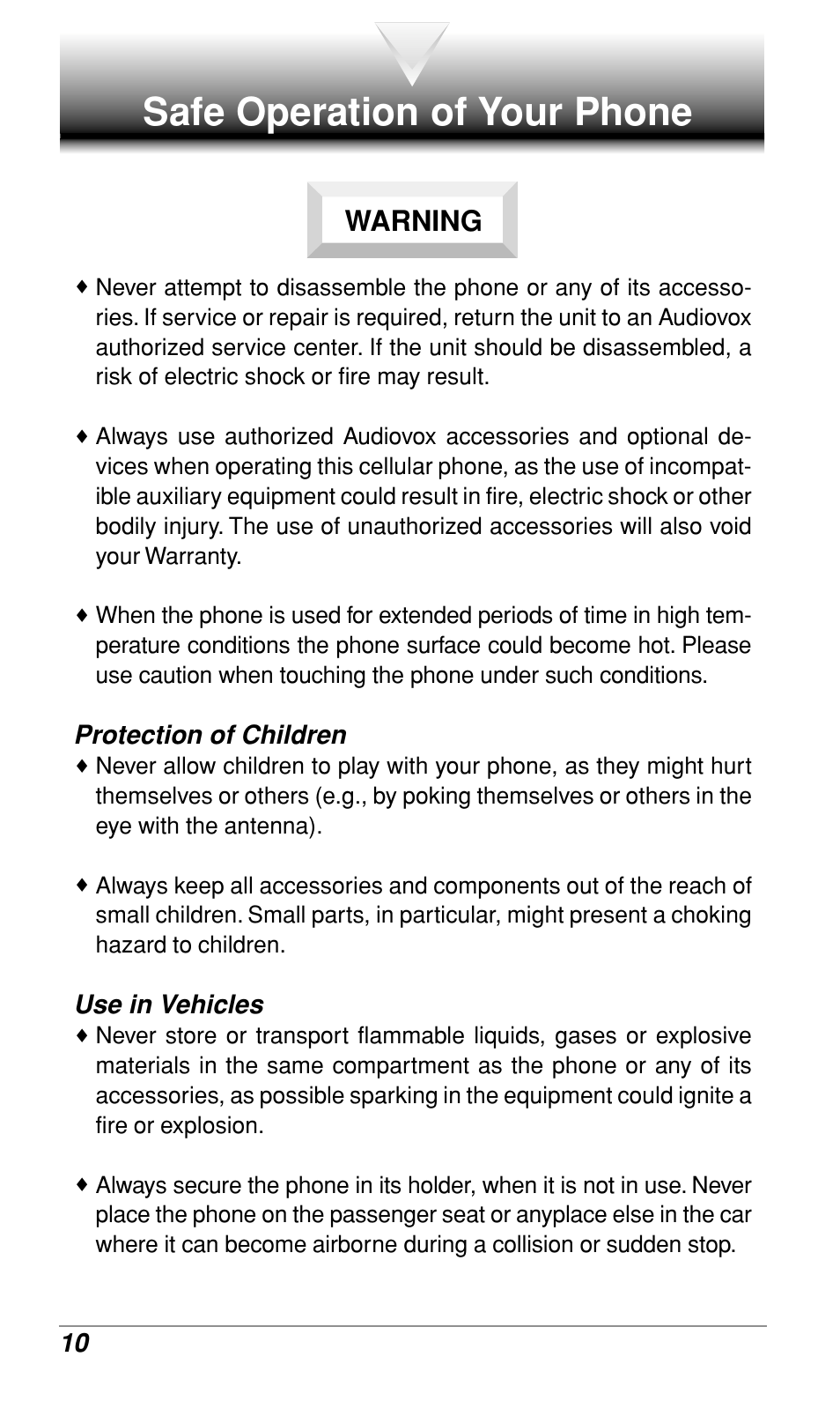 Safe operation of your phone, Warning | Audiovox CDM-9900 User Manual | Page 12 / 162