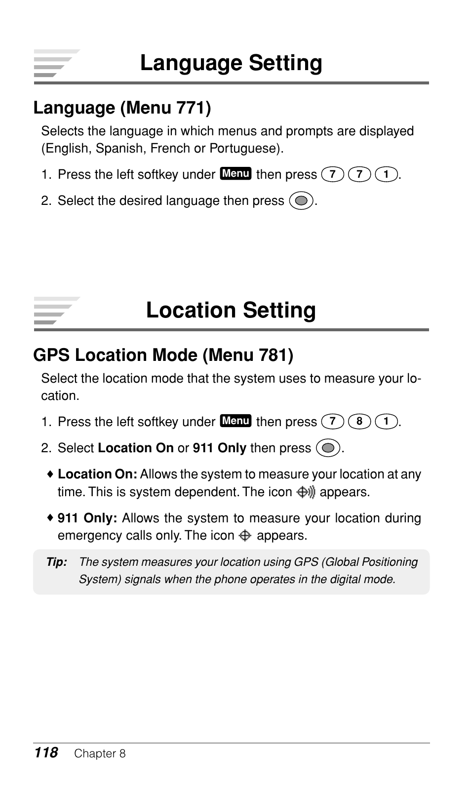 Location setting, Language setting, Gps location mode (menu 781) | Language (menu 771) | Audiovox CDM-9900 User Manual | Page 120 / 162