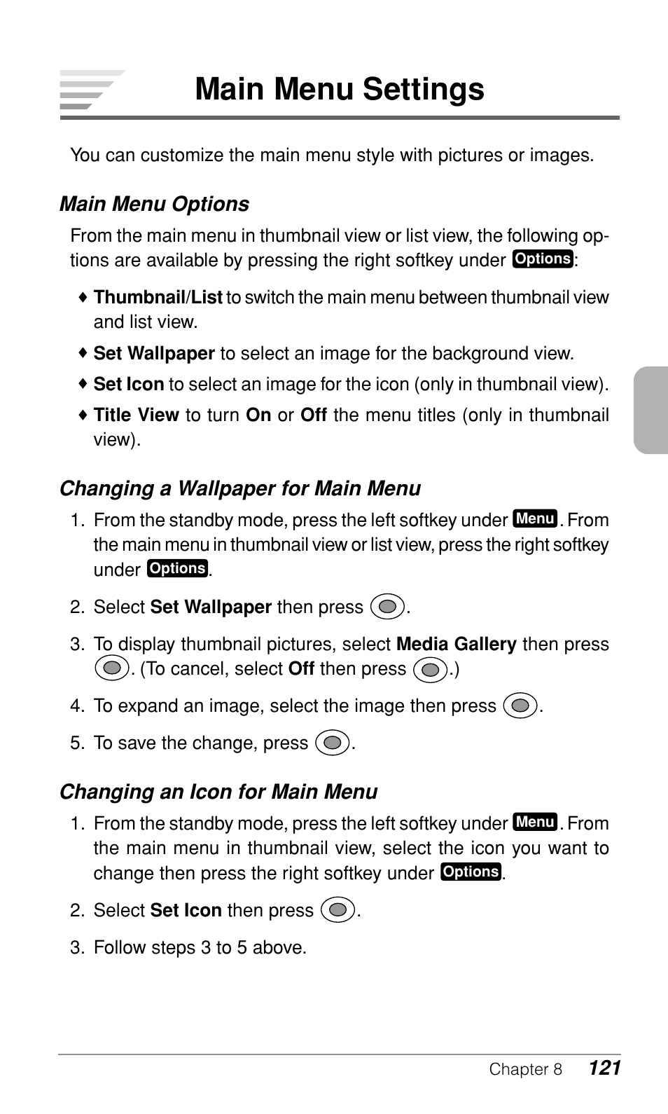 Main menu settings, Main menu options, Changing a wallpaper for main menu | Changing an icon for main menu | Audiovox CDM-9900 User Manual | Page 123 / 162