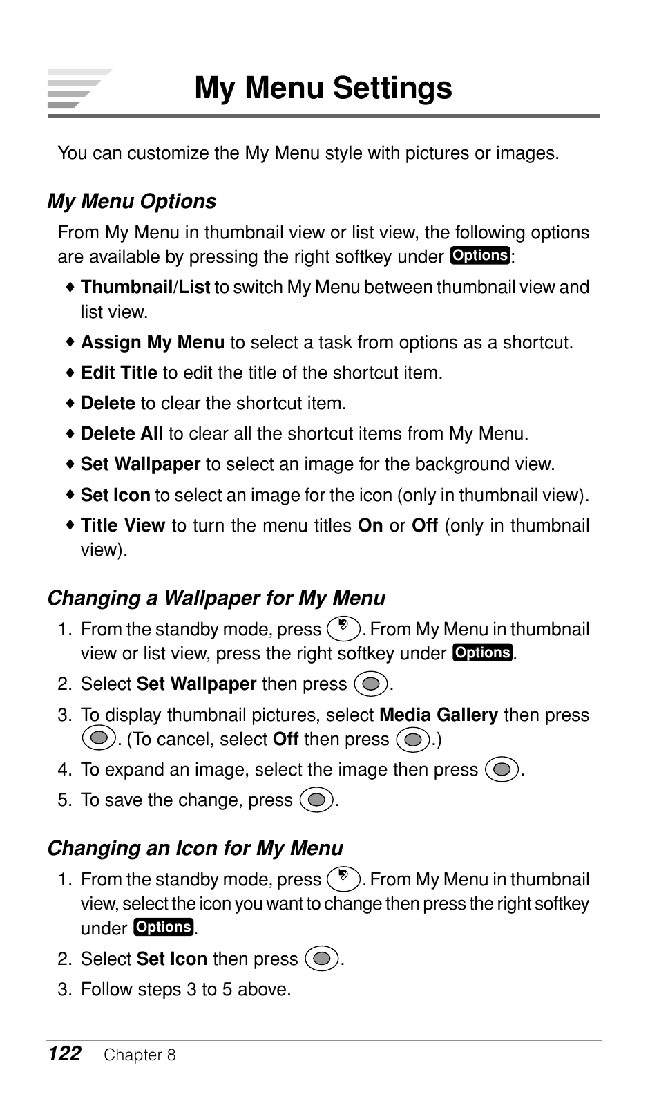 My menu settings, My menu options, Changing a wallpaper for my menu | Changing an icon for my menu | Audiovox CDM-9900 User Manual | Page 124 / 162