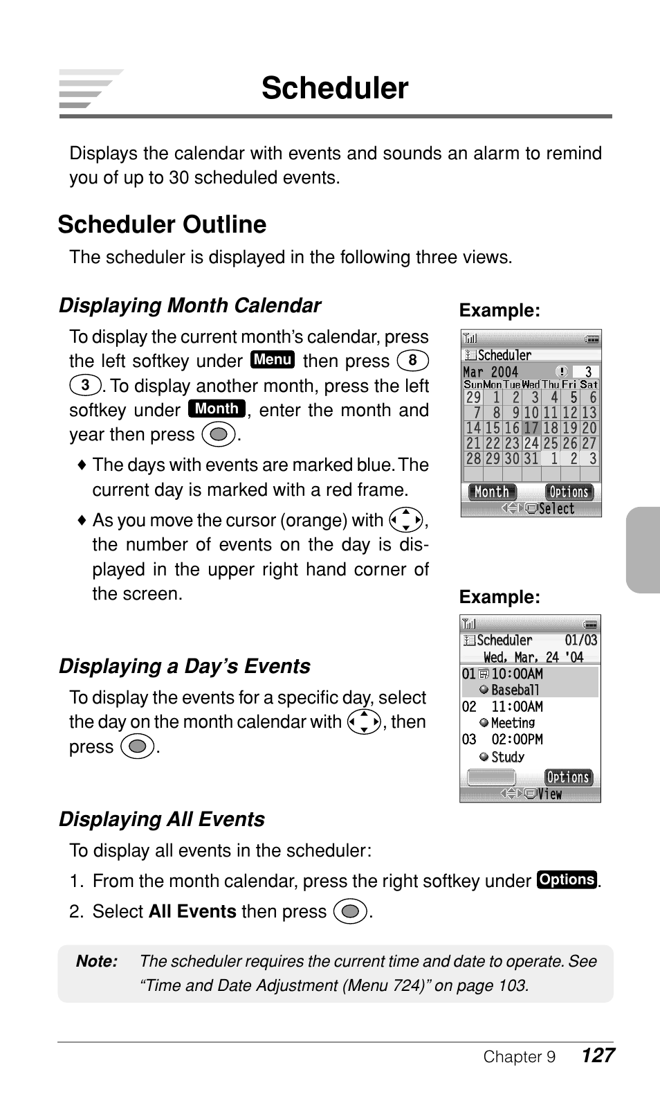Scheduler, Scheduler outline, Displaying month calendar | Displaying a day’s events, Displaying all events | Audiovox CDM-9900 User Manual | Page 129 / 162