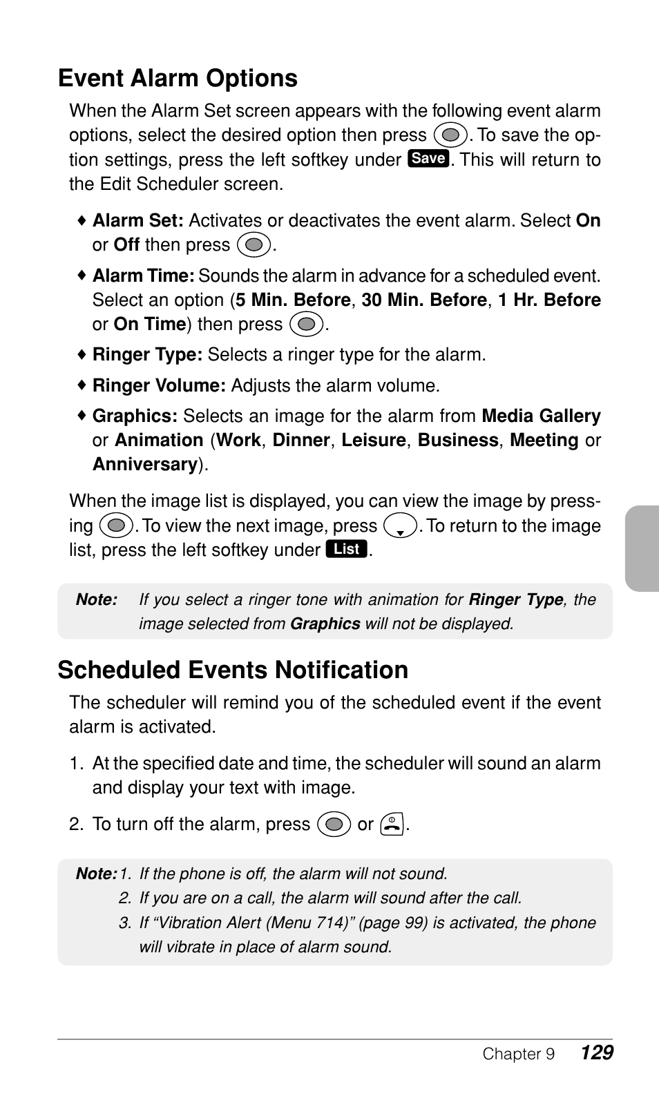 Event alarm options, Scheduled events notification | Audiovox CDM-9900 User Manual | Page 131 / 162