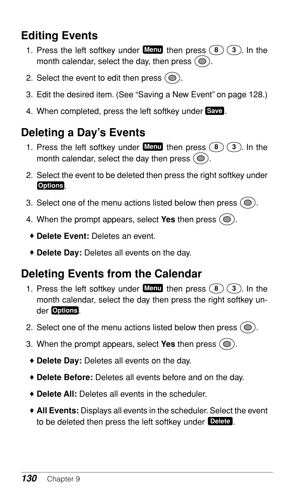 Editing events, Deleting a day’s events, Deleting events from the calendar | Audiovox CDM-9900 User Manual | Page 132 / 162