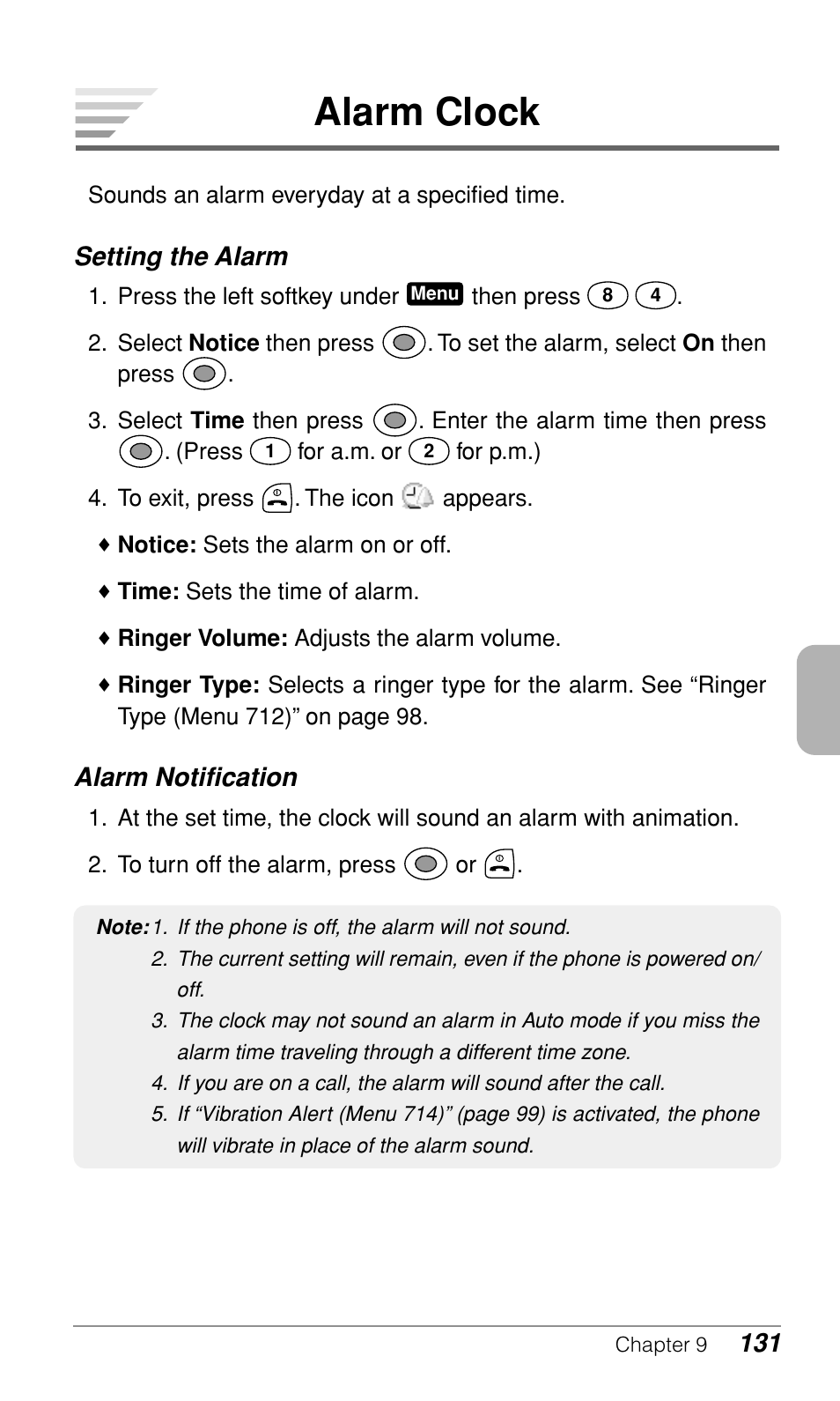 Alarm clock, Setting the alarm, Alarm notification | Audiovox CDM-9900 User Manual | Page 133 / 162