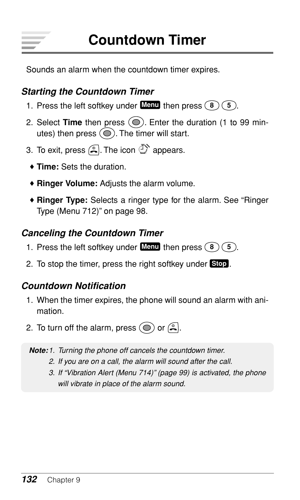 Countdown timer, Starting the countdown timer, Canceling the countdown timer | Countdown notification | Audiovox CDM-9900 User Manual | Page 134 / 162