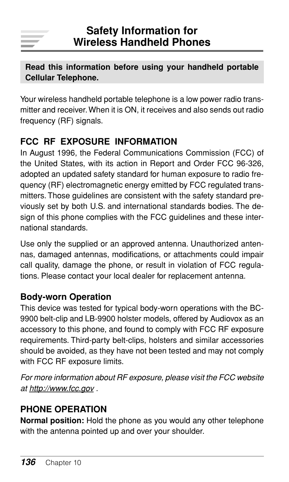 Safety information for wireless handheld phones | Audiovox CDM-9900 User Manual | Page 138 / 162