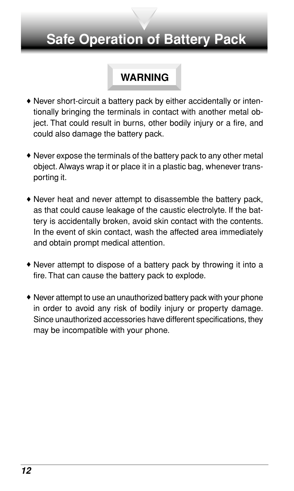 Safe operation of battery pack, Warning | Audiovox CDM-9900 User Manual | Page 14 / 162