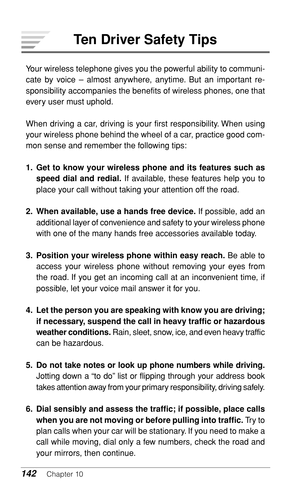 Ten driver safety tips | Audiovox CDM-9900 User Manual | Page 144 / 162