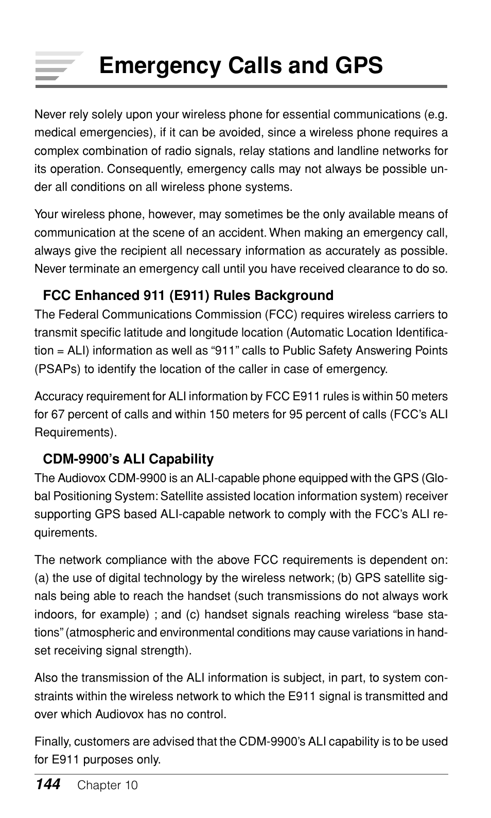 Emergency calls and gps | Audiovox CDM-9900 User Manual | Page 146 / 162