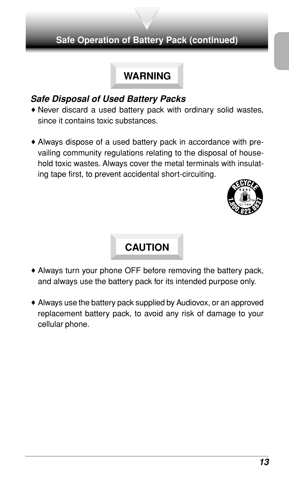 Warning caution, Safe disposal of used battery packs | Audiovox CDM-9900 User Manual | Page 15 / 162