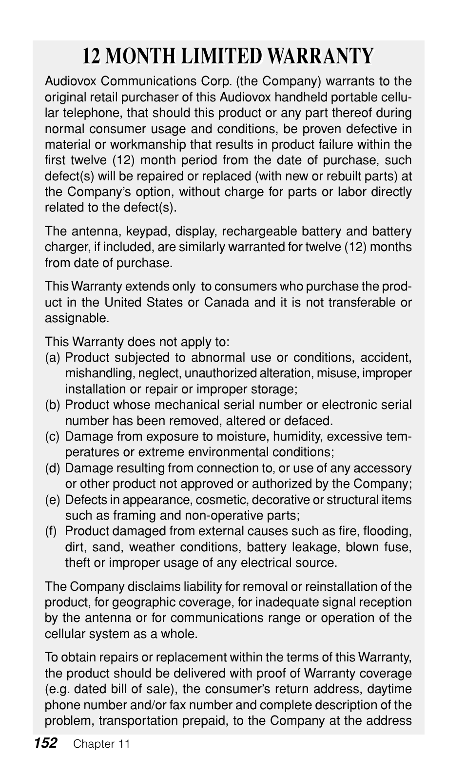 12 month limited warranty | Audiovox CDM-9900 User Manual | Page 154 / 162