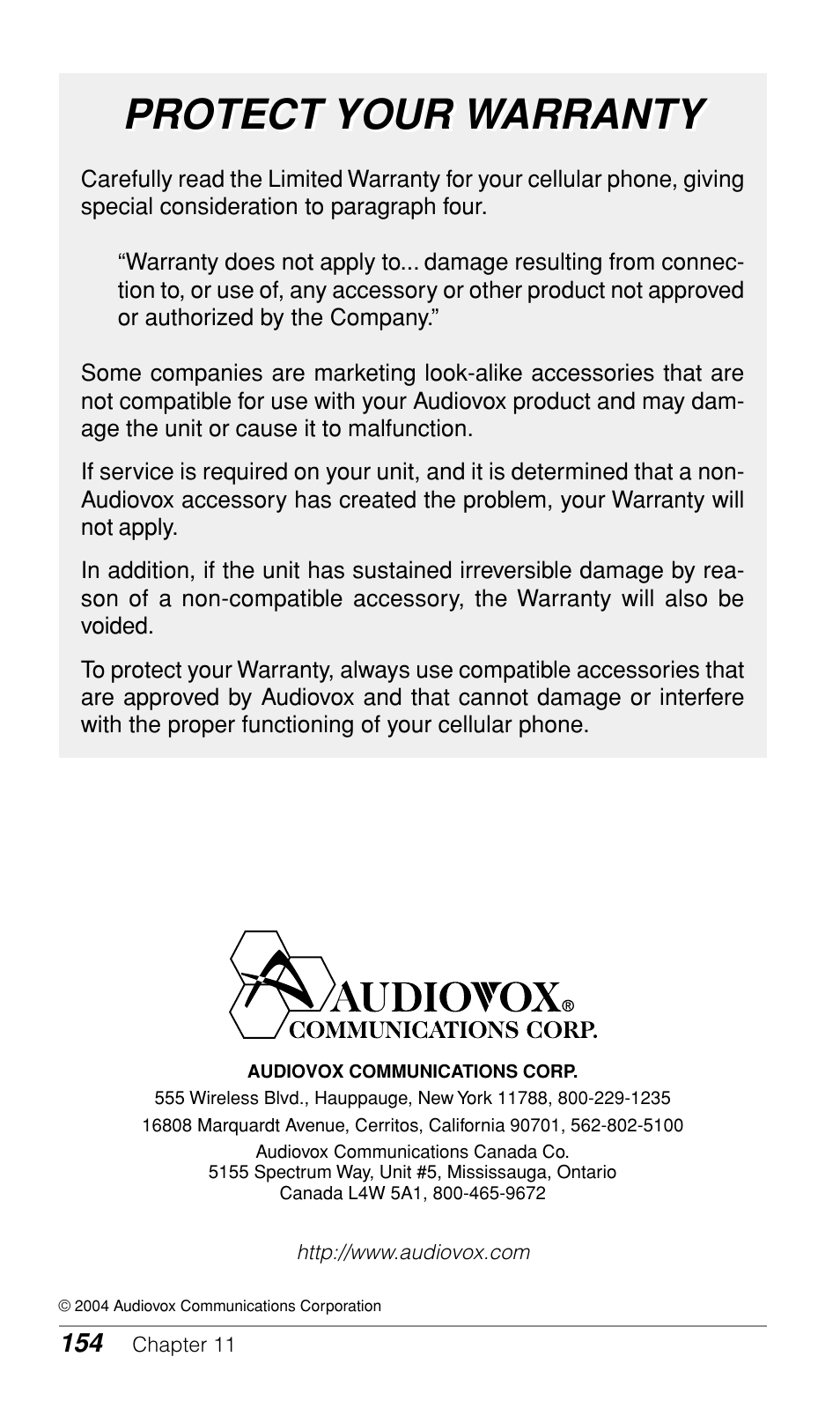 Protect your warranty | Audiovox CDM-9900 User Manual | Page 156 / 162