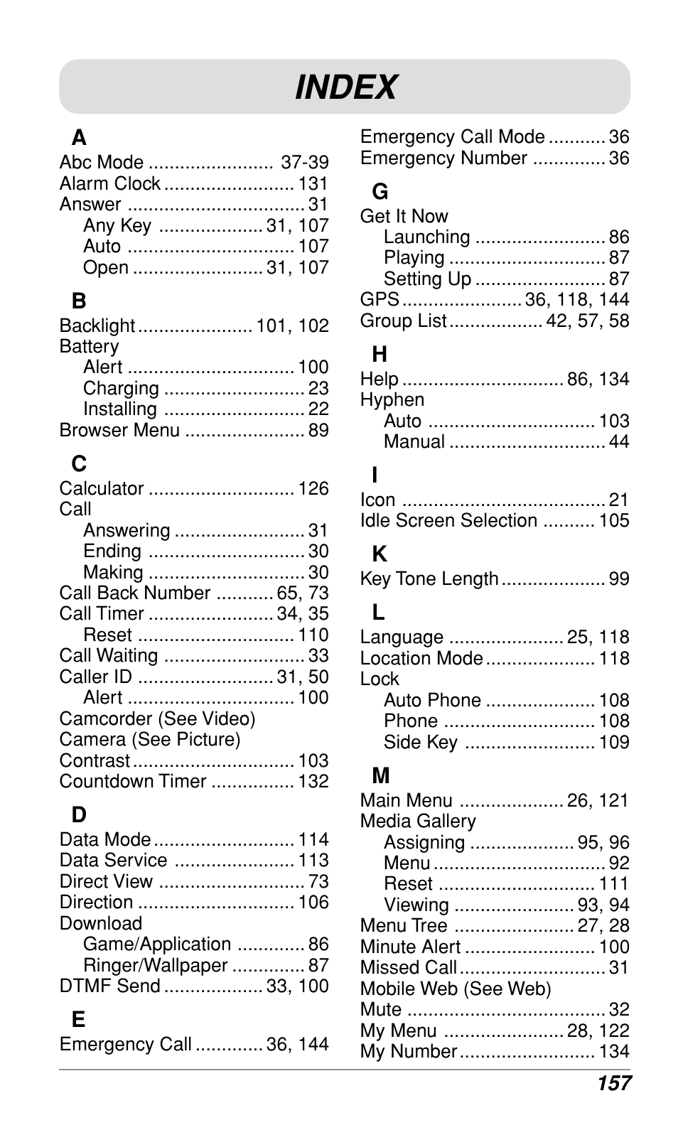 Index | Audiovox CDM-9900 User Manual | Page 159 / 162