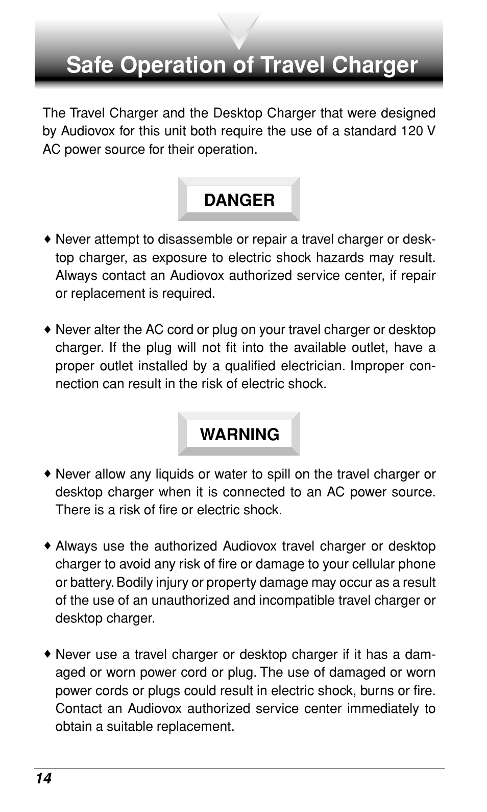 Safe operation of travel charger, Danger warning | Audiovox CDM-9900 User Manual | Page 16 / 162