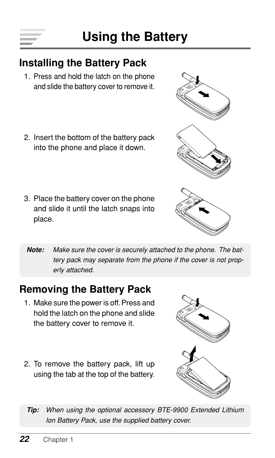 Using the battery, Installing the battery pack, Removing the battery pack | Audiovox CDM-9900 User Manual | Page 24 / 162