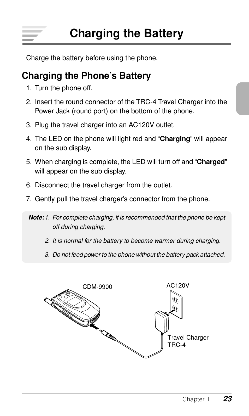 Charging the battery, Charging the phone’s battery | Audiovox CDM-9900 User Manual | Page 25 / 162