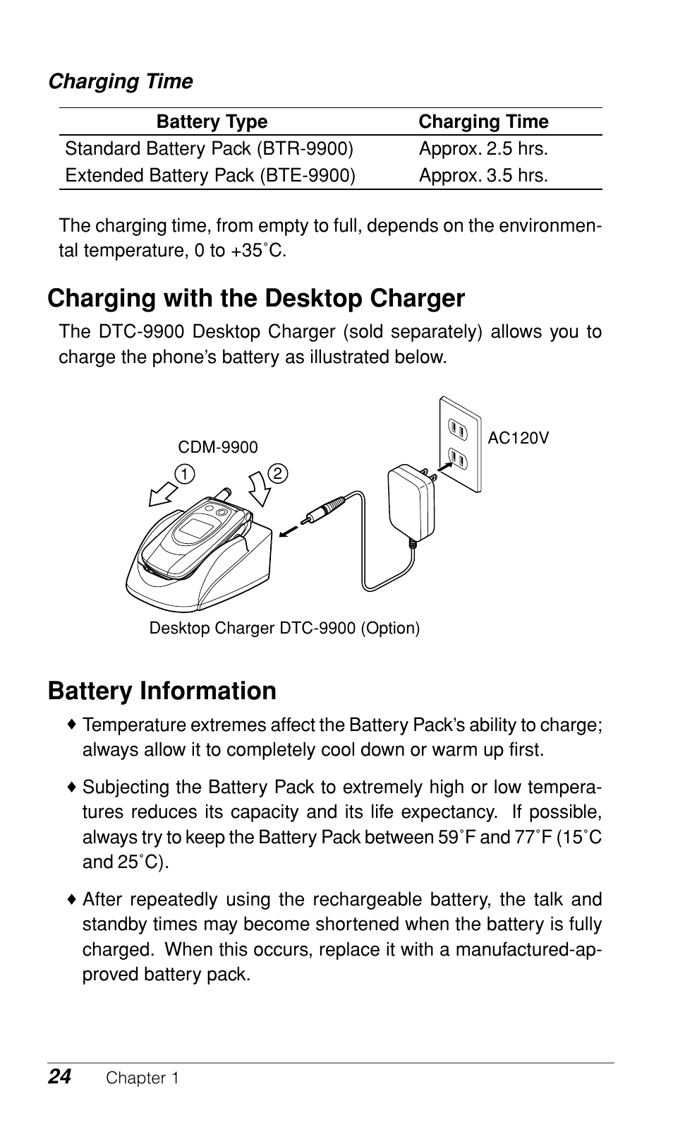 Charging with the desktop charger, Battery information, Charging time | Audiovox CDM-9900 User Manual | Page 26 / 162