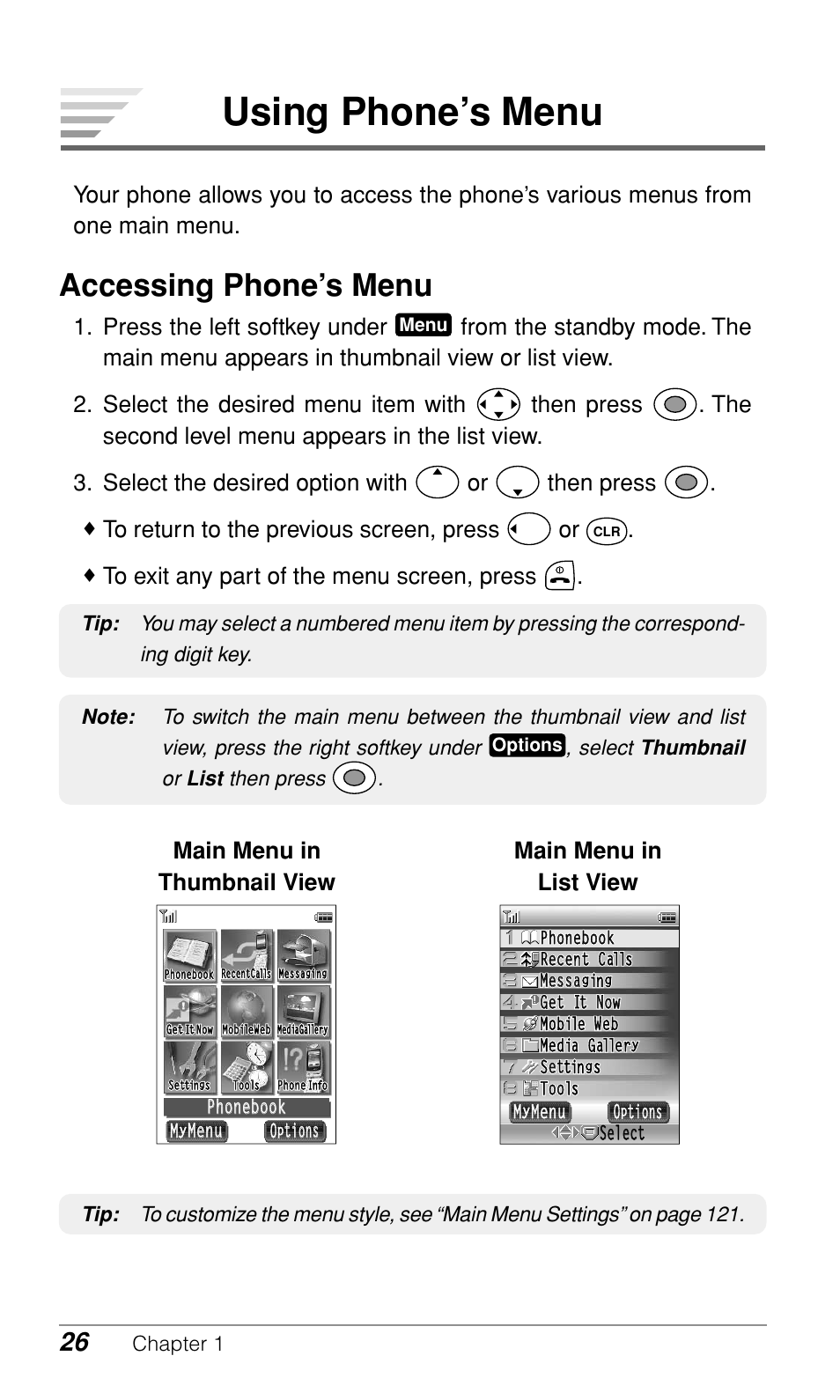 Using phone’s menu, Accessing phone’s menu, Press the left softkey under | Main menu in thumbnail view main menu in list view, Chapter 1 | Audiovox CDM-9900 User Manual | Page 28 / 162