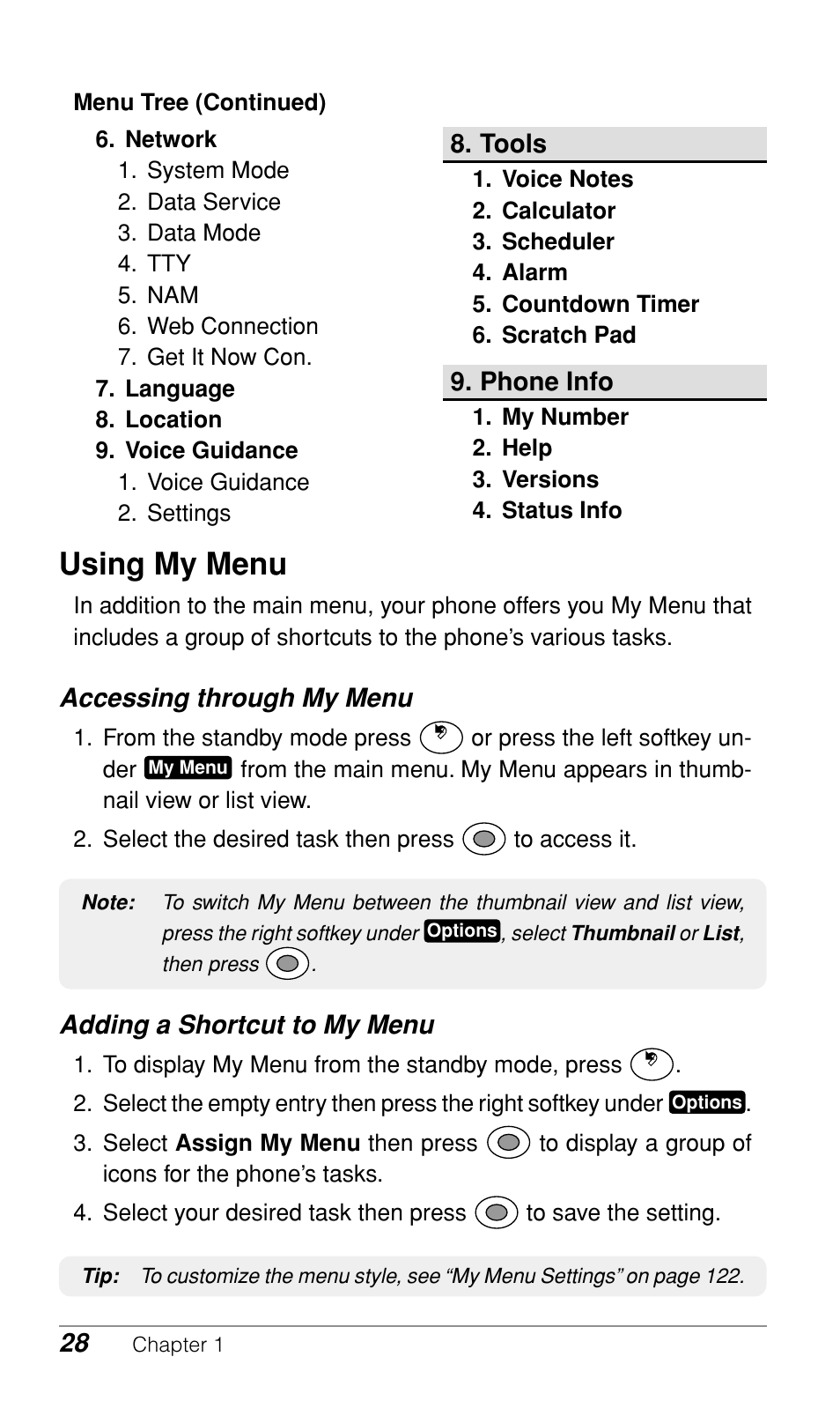 Using my menu, Accessing through my menu, Adding a shortcut to my menu | Audiovox CDM-9900 User Manual | Page 30 / 162