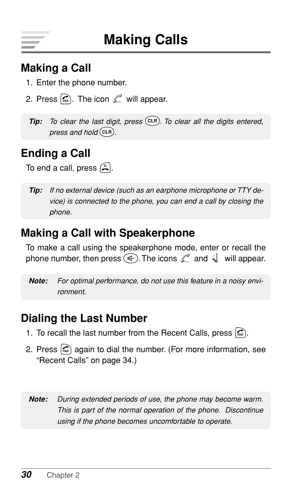 Making calls, Making a call, Ending a call | Making a call with speakerphone, Dialing the last number | Audiovox CDM-9900 User Manual | Page 32 / 162