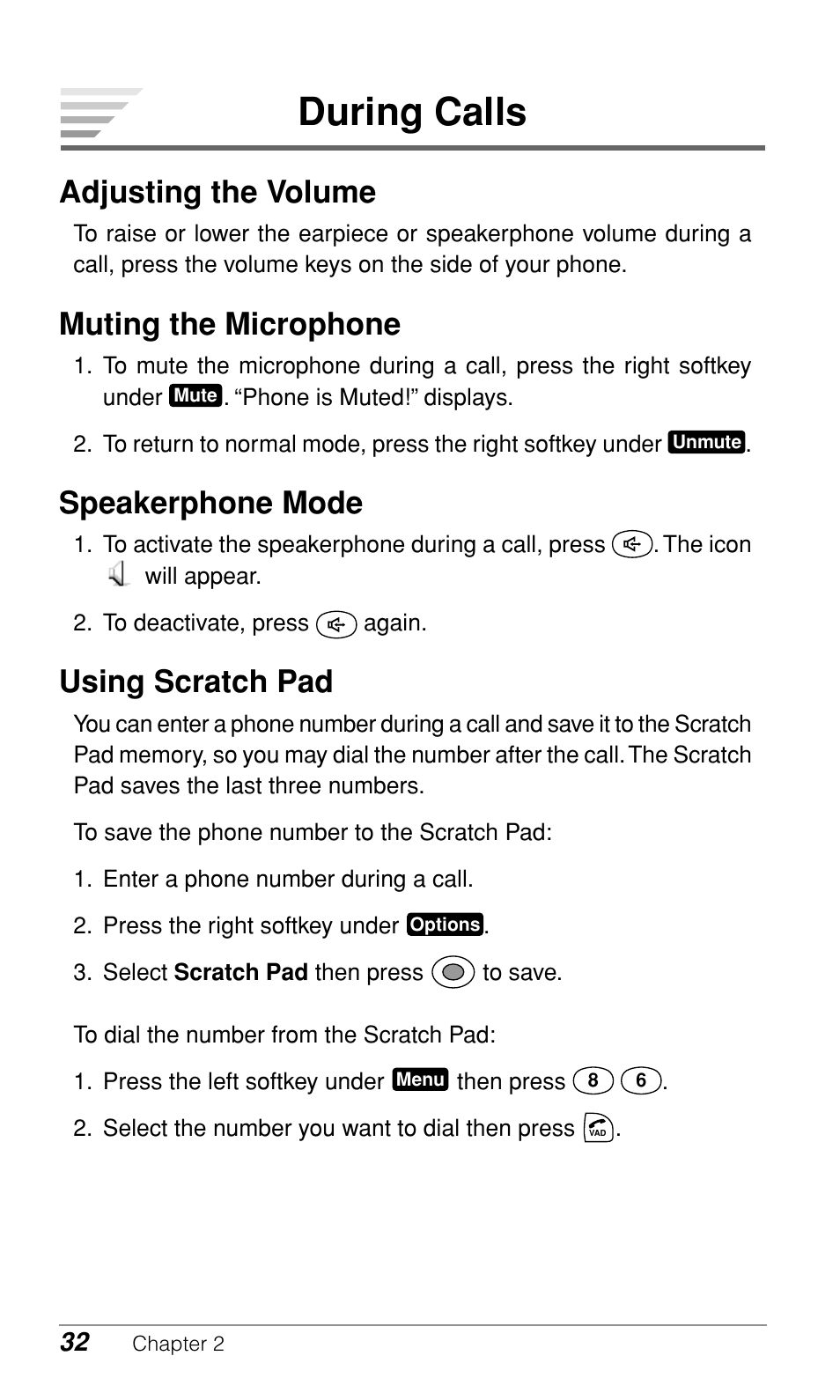 During calls, Adjusting the volume, Muting the microphone | Speakerphone mode, Using scratch pad | Audiovox CDM-9900 User Manual | Page 34 / 162