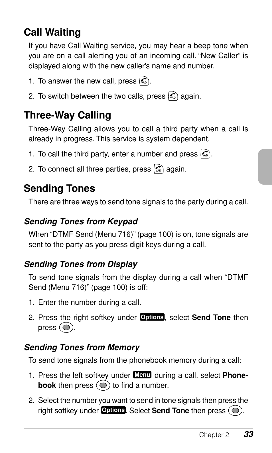 Call waiting, Three-way calling, Sending tones | Sending tones from keypad, Sending tones from display | Audiovox CDM-9900 User Manual | Page 35 / 162