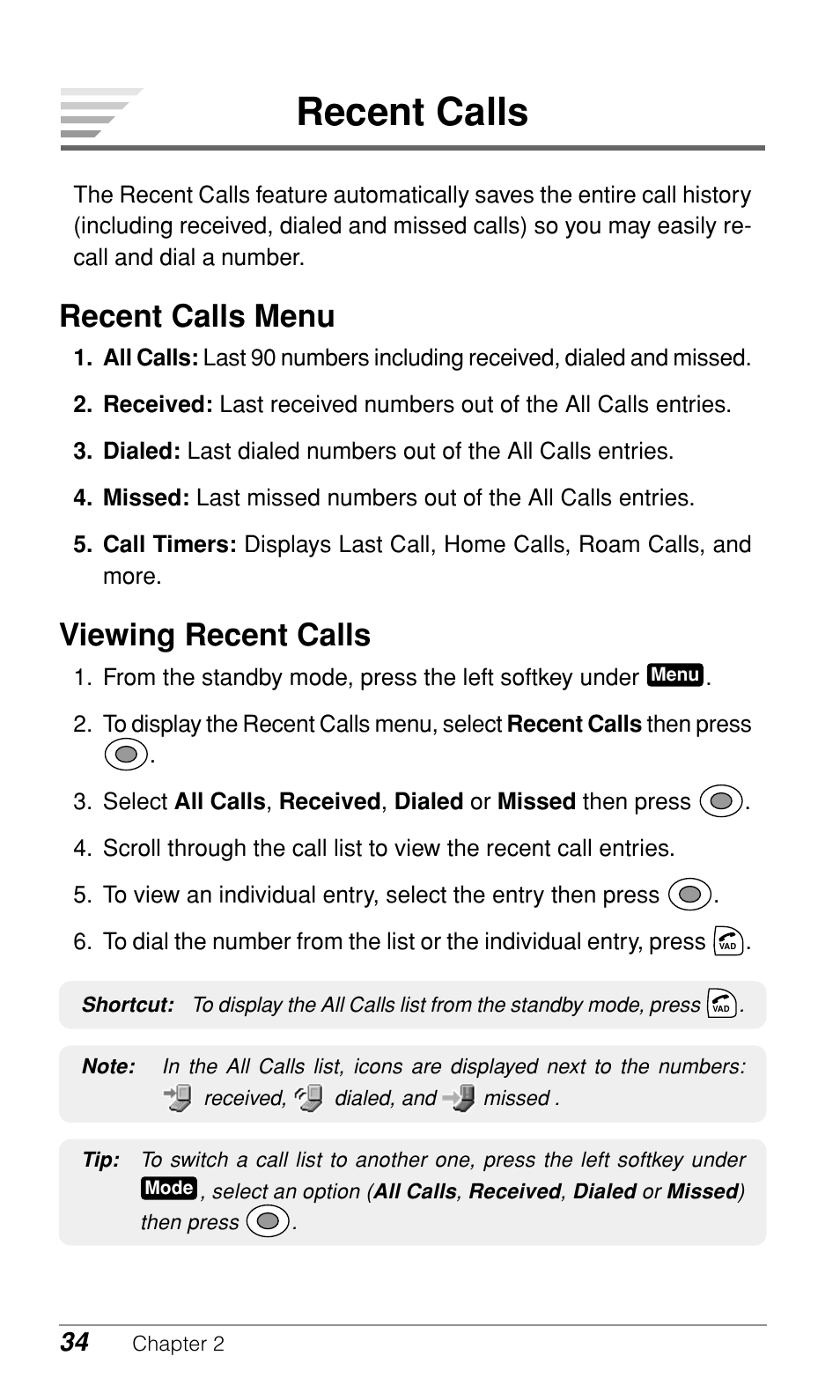 Recent calls, Recent calls menu, Viewing recent calls | Audiovox CDM-9900 User Manual | Page 36 / 162