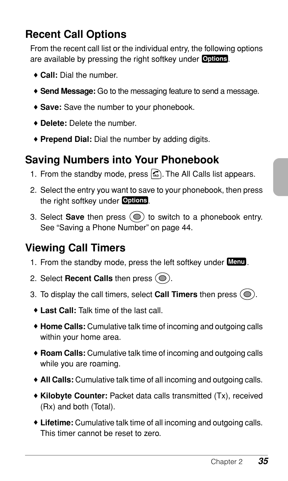 Recent call options, Saving numbers into your phonebook, Viewing call timers | Audiovox CDM-9900 User Manual | Page 37 / 162