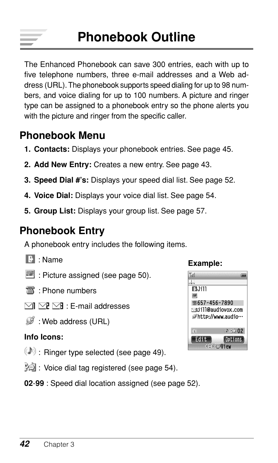 Phonebook outline, Phonebook menu, Phonebook entry | Audiovox CDM-9900 User Manual | Page 44 / 162