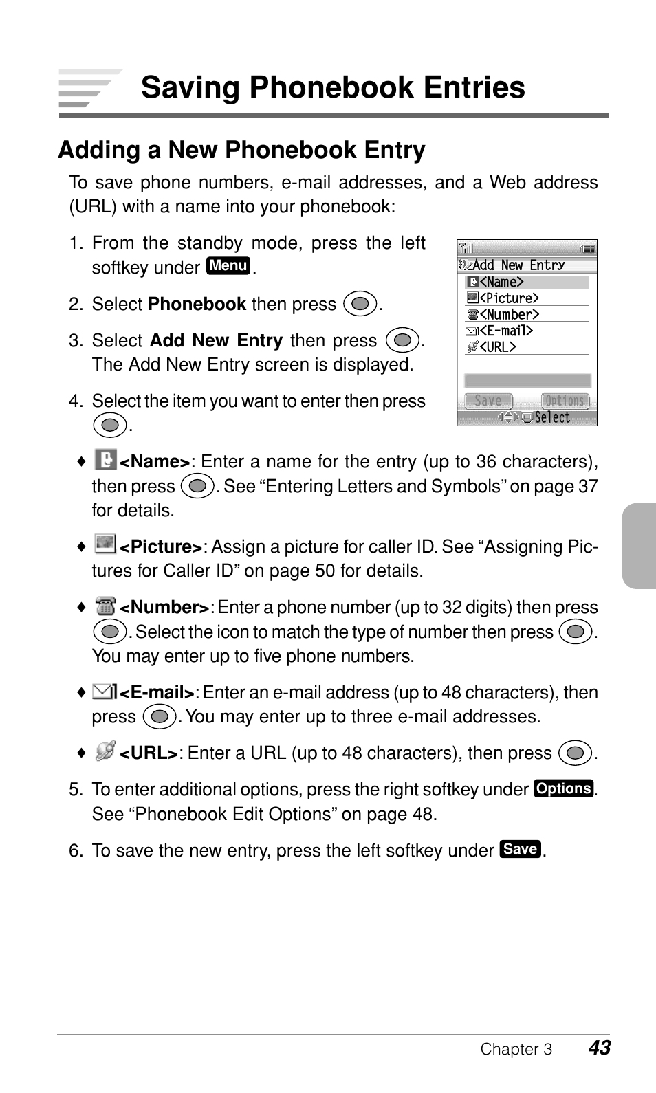 Saving phonebook entries, Adding a new phonebook entry | Audiovox CDM-9900 User Manual | Page 45 / 162