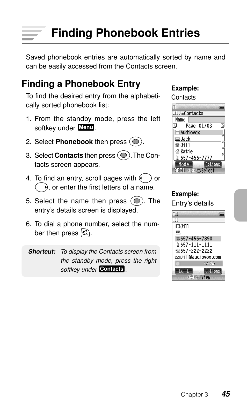 Finding phonebook entries, Finding a phonebook entry | Audiovox CDM-9900 User Manual | Page 47 / 162