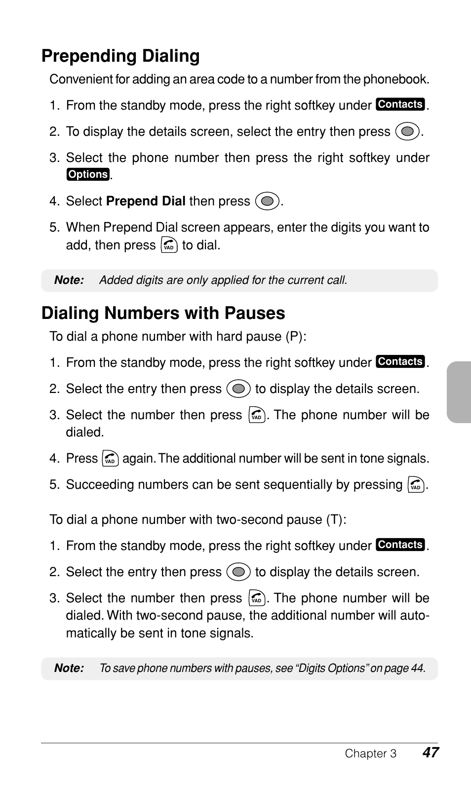 Prepending dialing, Dialing numbers with pauses | Audiovox CDM-9900 User Manual | Page 49 / 162