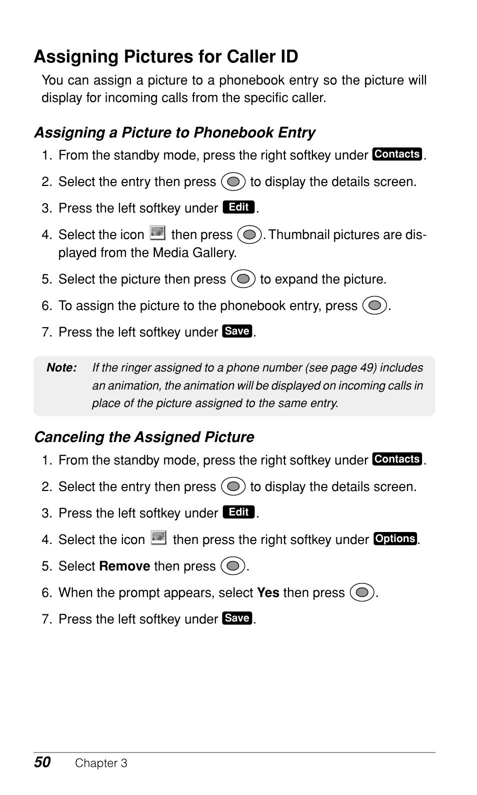 Assigning pictures for caller id, Assigning a picture to phonebook entry, Canceling the assigned picture | Audiovox CDM-9900 User Manual | Page 52 / 162