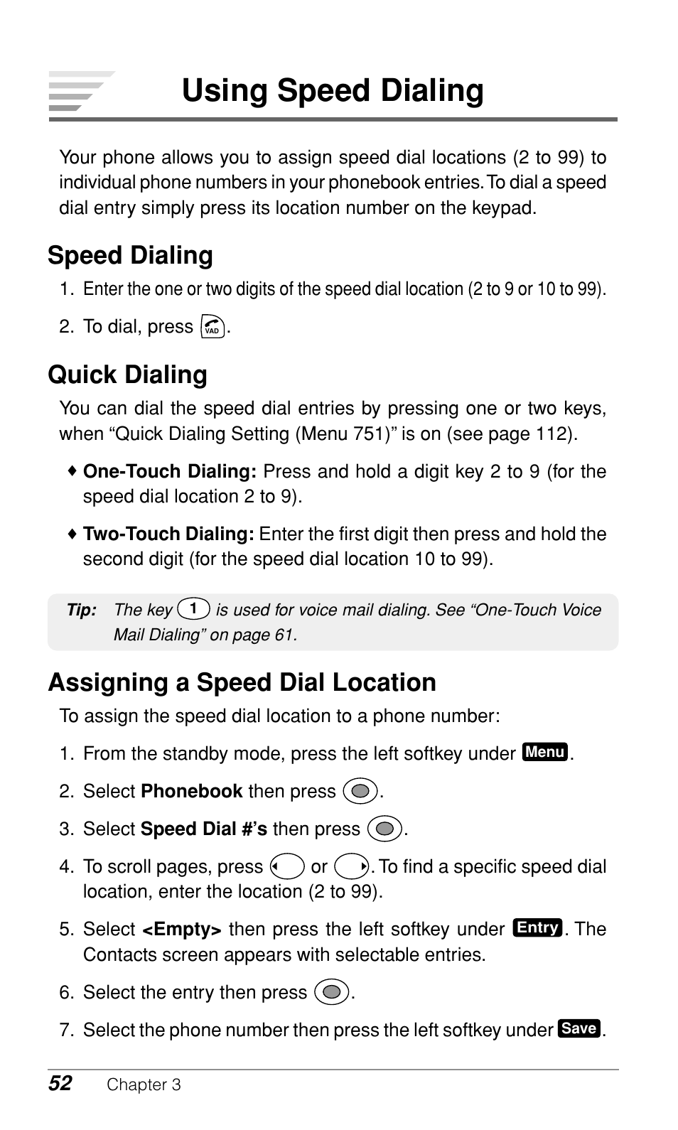 Using speed dialing, Speed dialing, Quick dialing | Assigning a speed dial location | Audiovox CDM-9900 User Manual | Page 54 / 162