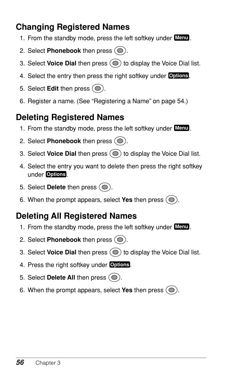 Changing registered names, Deleting registered names, Deleting all registered names | Audiovox CDM-9900 User Manual | Page 58 / 162