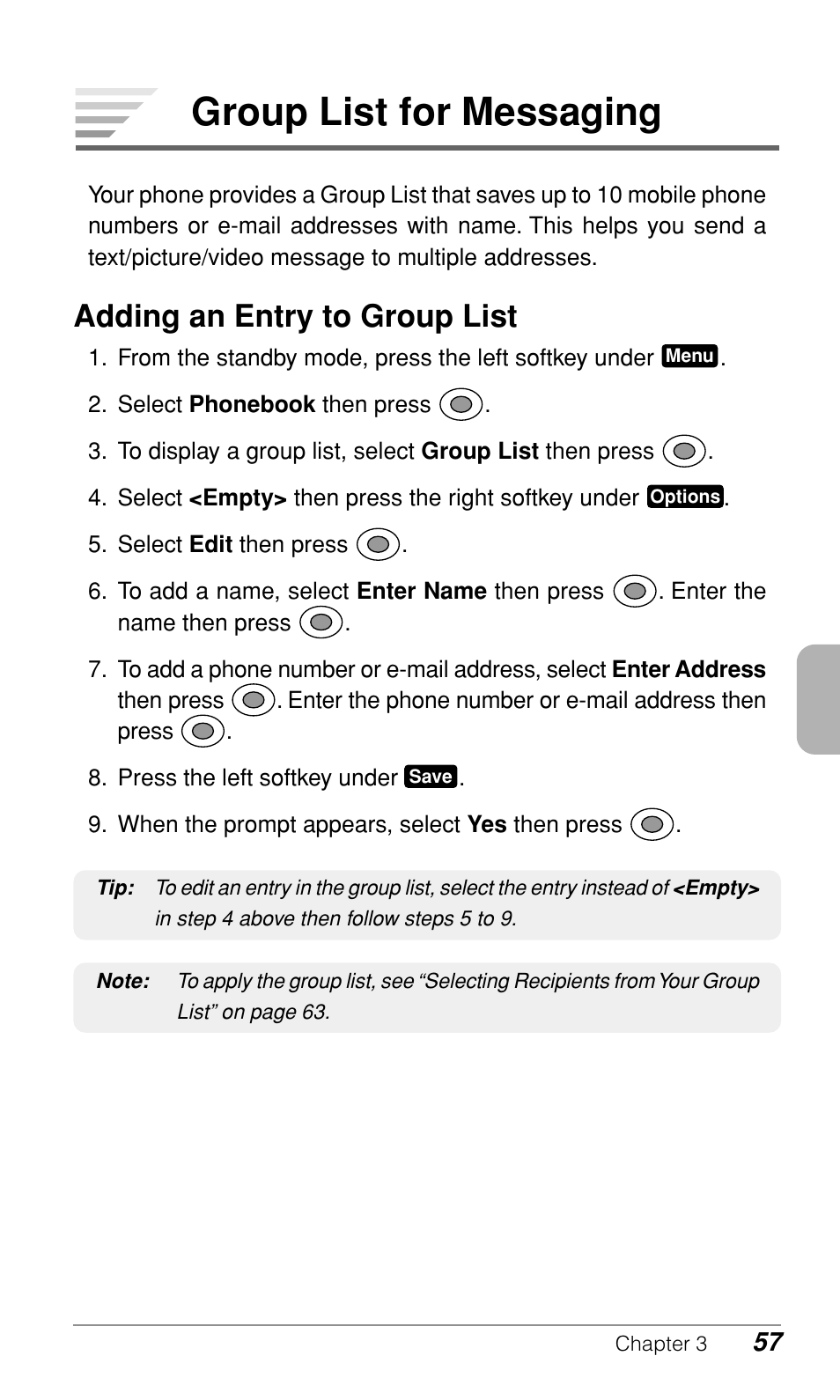 Group list for messaging, Adding an entry to group list | Audiovox CDM-9900 User Manual | Page 59 / 162