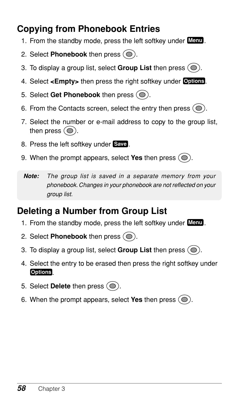 Copying from phonebook entries, Deleting a number from group list | Audiovox CDM-9900 User Manual | Page 60 / 162