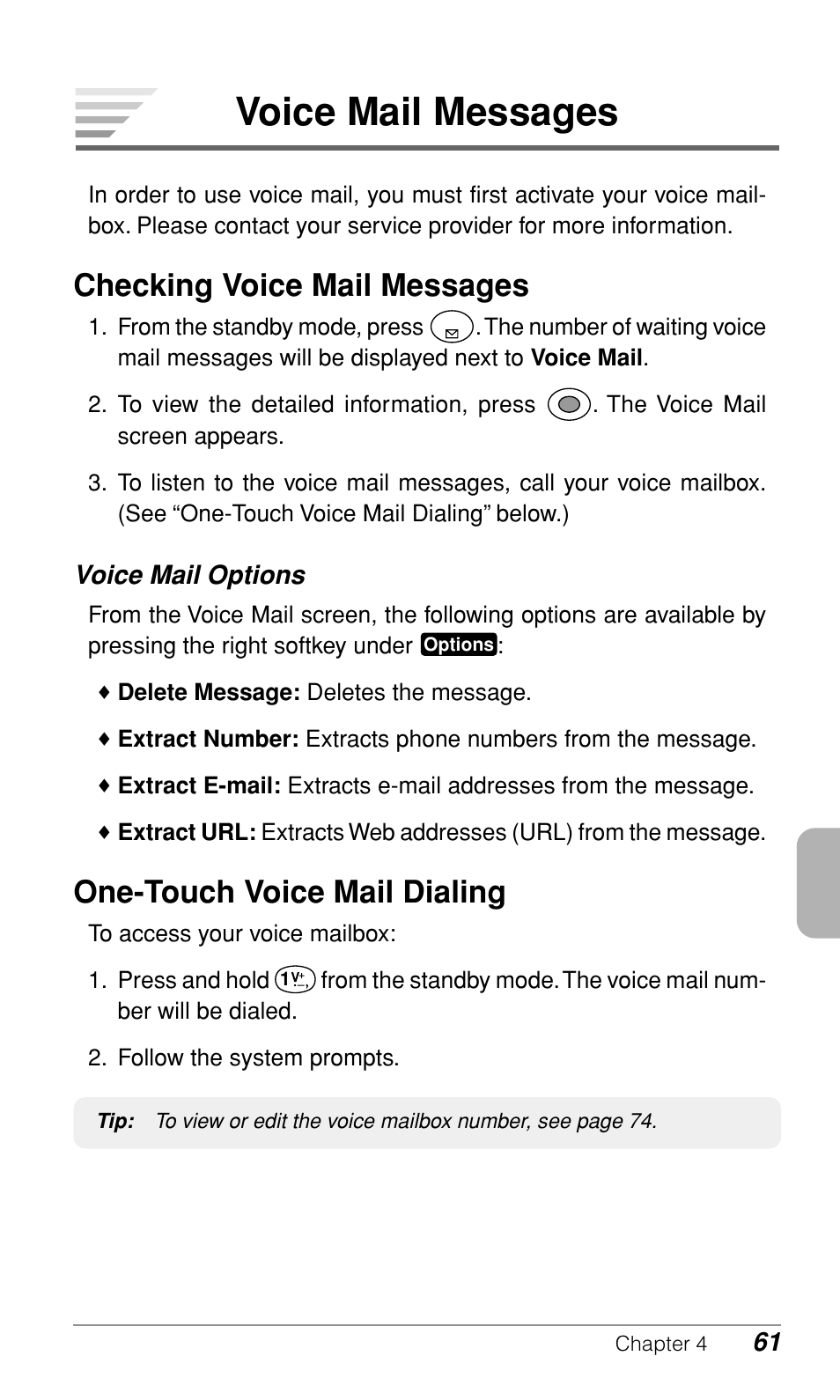 Voice mail messages, Checking voice mail messages, One-touch voice mail dialing | Audiovox CDM-9900 User Manual | Page 63 / 162